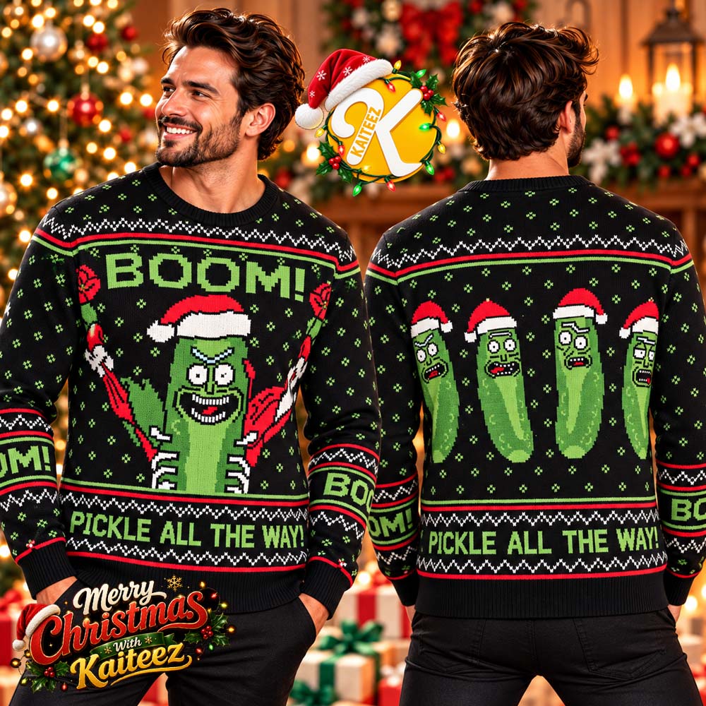 Rick And Morty Pickle Rick Boom Pickle All The Way Black Ugly Christmas Sweater Rick And Morty Pickle Rick Boom Pickle All The Way Black Ugly Christmas Sweater