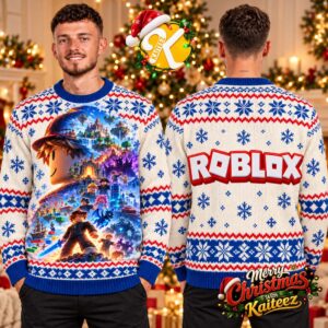 Roblox Adventure World And Logo Blue And White Ugly Christmas Sweater
