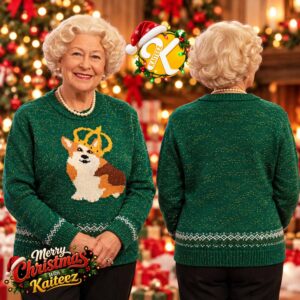 Royal Corgi Crown Queen Elizabeth II Green Ugly Christmas Sweater