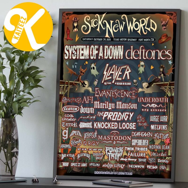 Sick New World Texas 2026 lineup poster with System Of A Down, Deftones, and Slayer lettering surrounded by ghosts and Western details.