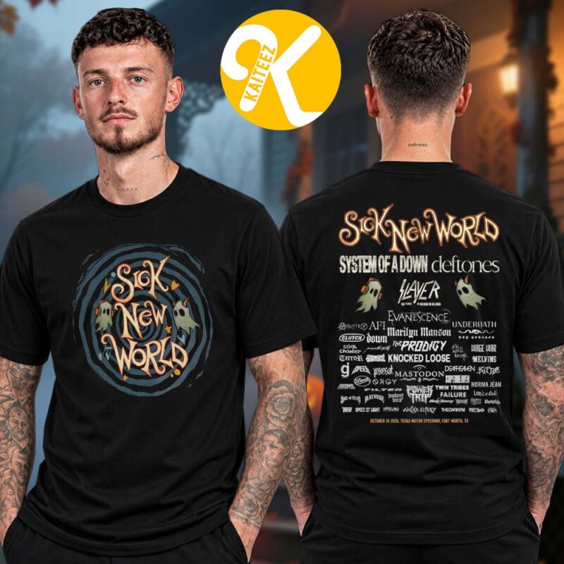 Black Sick New World two-sided T-shirt with blue spiral and green ghost artwork on the front and white band lineup logos on the back.
