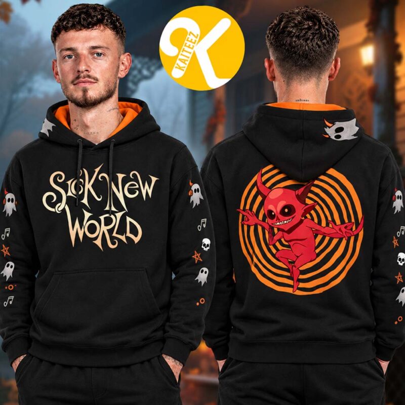 Black Sick New World hoodie with cream front lettering, orange hood lining, ghost sleeve graphics, and a red devil over an orange back spiral.