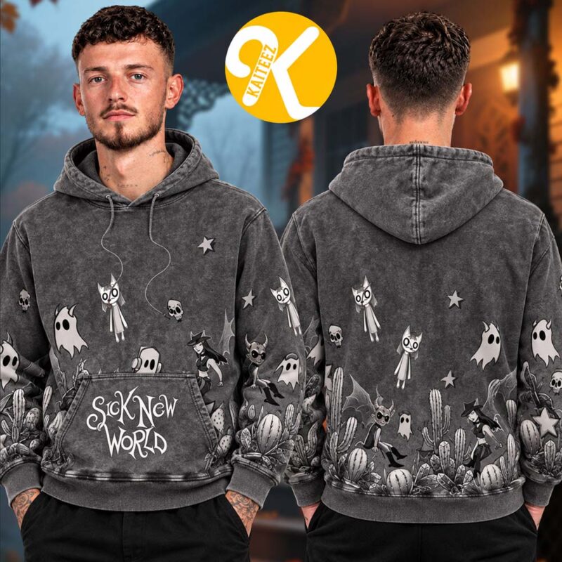 Charcoal Sick New World pullover hoodie showing front and back grayscale ghost, skull, star, and cactus artwork with white lettering on the front pocket.