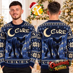 The Cure Black Cat And Crescent Moon Navy Ugly Christmas Sweater