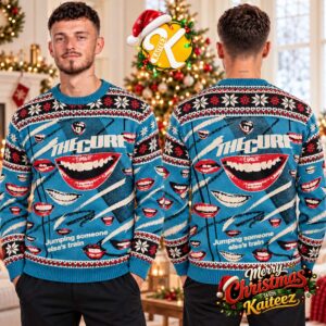 The Cure Jumping Someone Else’s Train Red Lips Teal Ugly Christmas Sweater