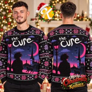 The Cure Pink Crescent Moon And Black Cat Ugly Christmas Sweater