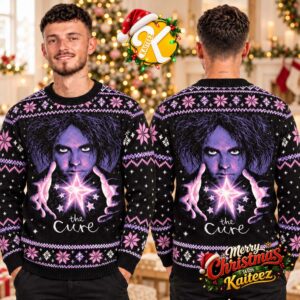 The Cure Robert Smith Glowing Star Black And Purple Ugly Christmas Sweater