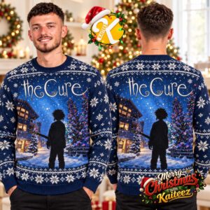 The Cure Snowy Christmas Village Guitarist Navy Ugly Christmas Sweater