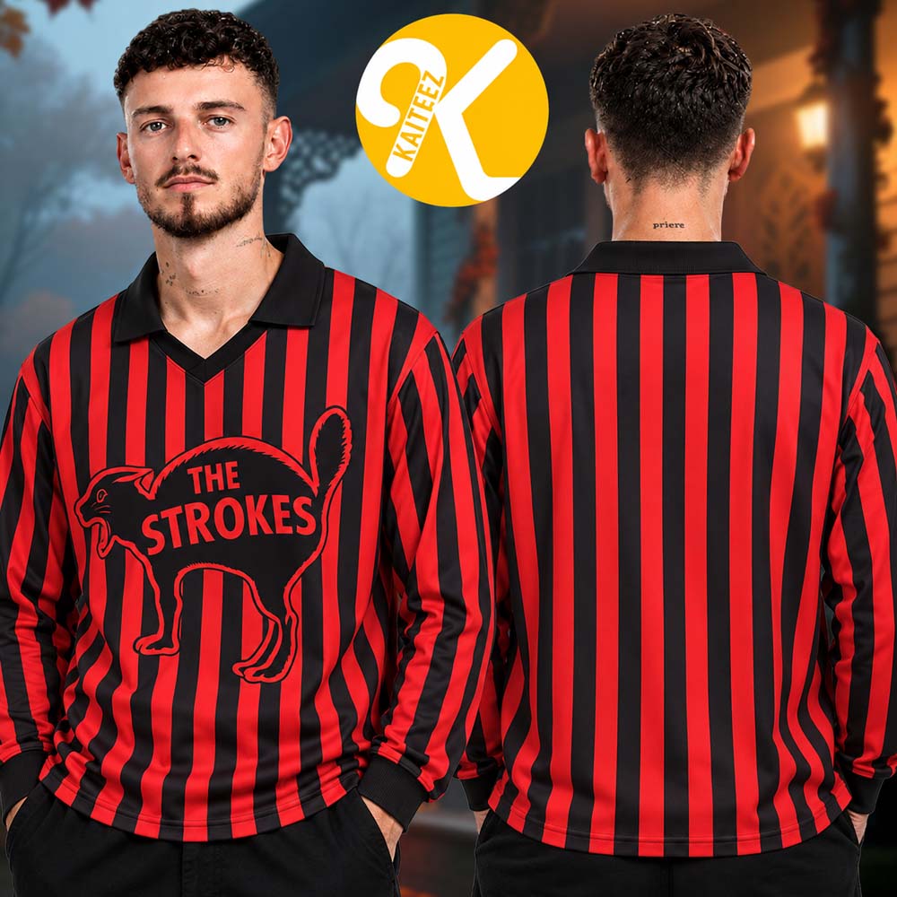 The Strokes Merch Reality Awaits Tour 2026 Red And Black Striped Cat Vneck Polo Longsleeve The Strokes Merch Reality Awaits Tour 2026 Red And Black Striped Cat Vneck Polo Longsleeve